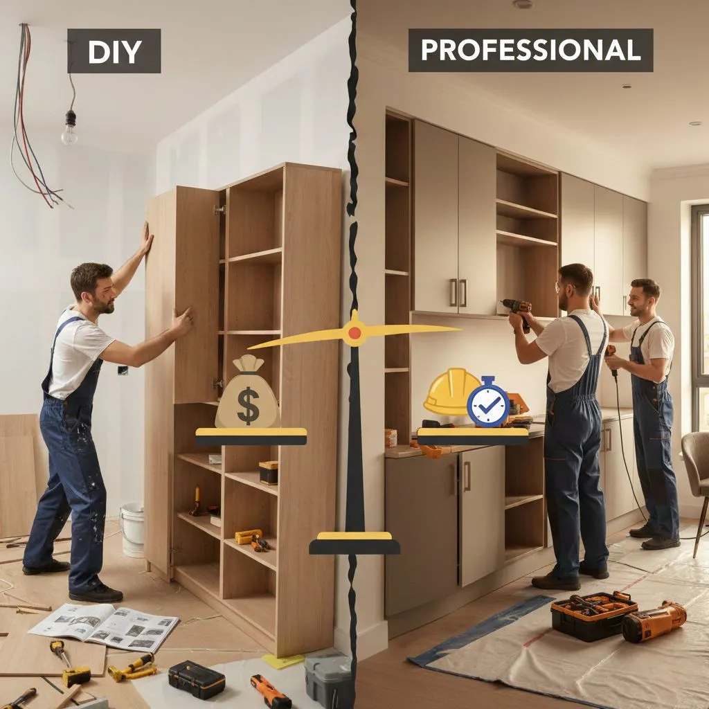 Split-screen comparison of a DIY home project versus professional installation, featuring a balance scale weighing cost savings against time.