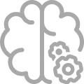 Stylized icon of a brain with gears, symbolizing innovation or smart tech.