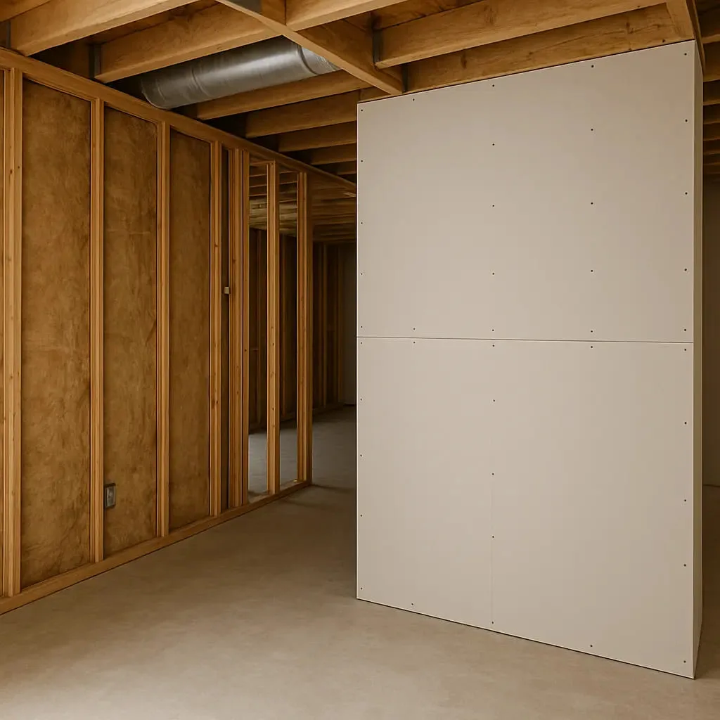 Partially finished basement with drywall installation.