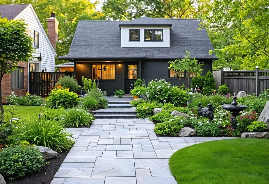 Storybook-style home with stone path and well-maintained front garden.