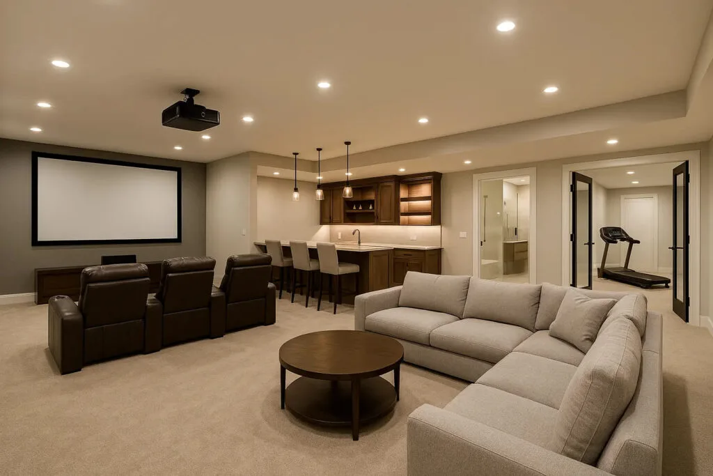 Home theater room with projector and sectional sofa.