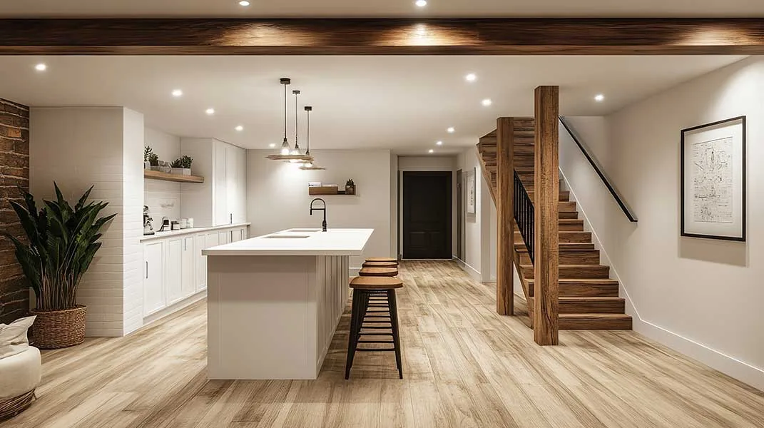 Bright kitchen interior with island seating, wooden flooring, and staircase in the background.