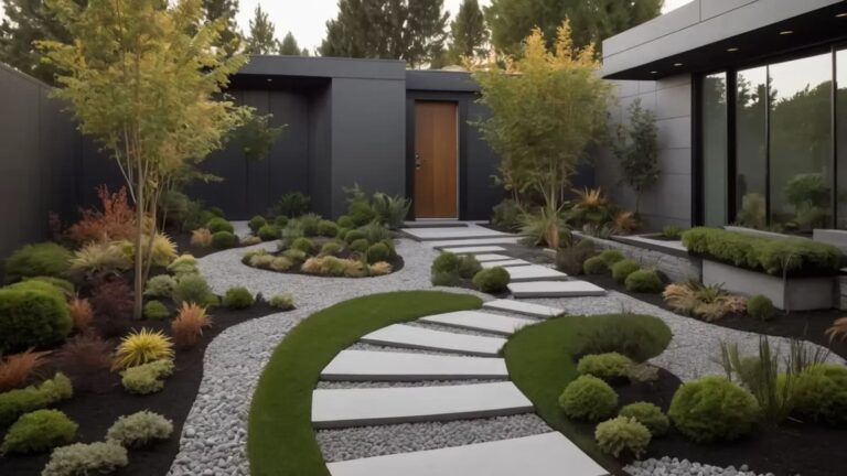 Curved garden pathway with stepping stones leading to dark-paneled house.