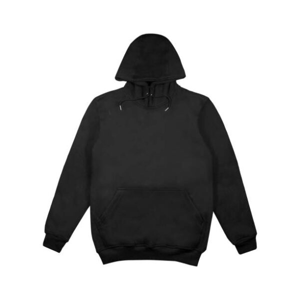 Plain black hooded sweatshirt with no design.