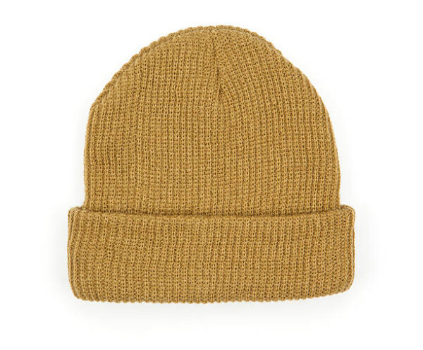 Mustard yellow knitted beanie.
