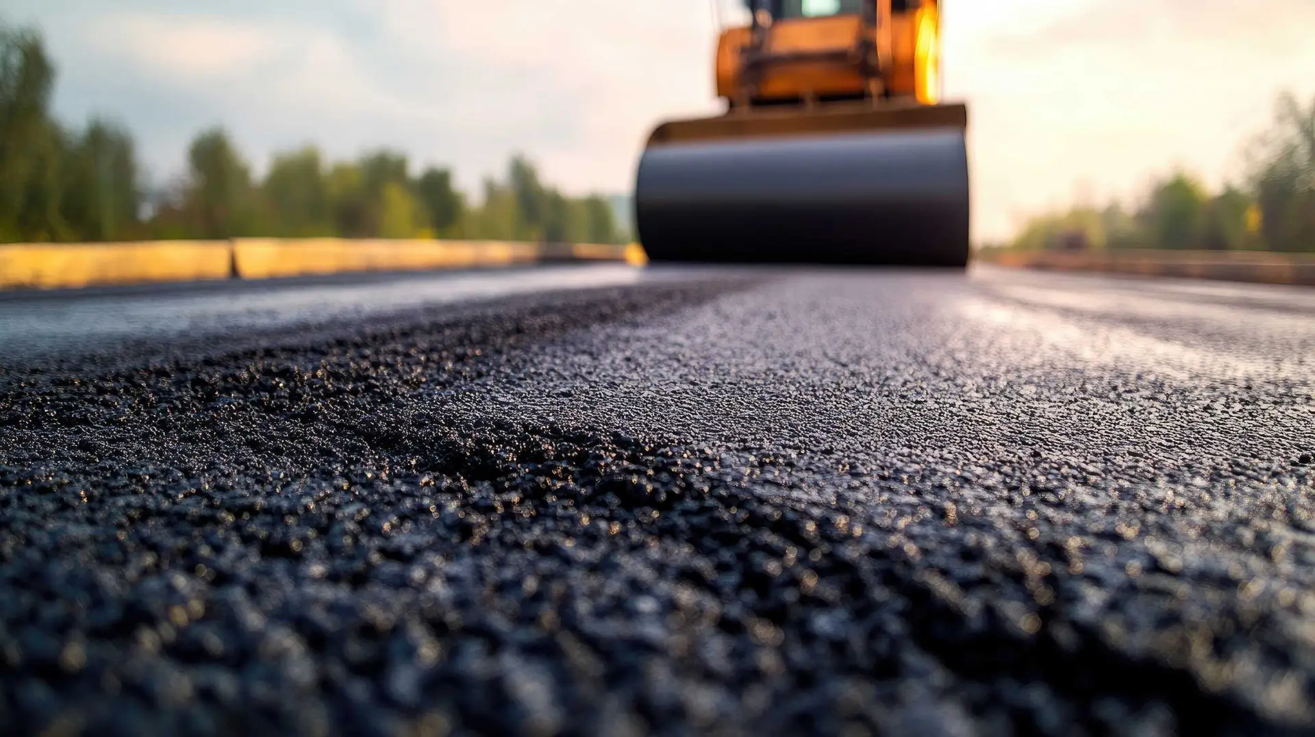 Close-up view of fresh asphalt being compacted by a road roller during paving.
