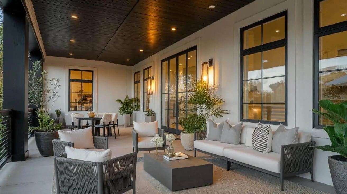 Elegant patio area with black trimmed windows and cozy white furniture.