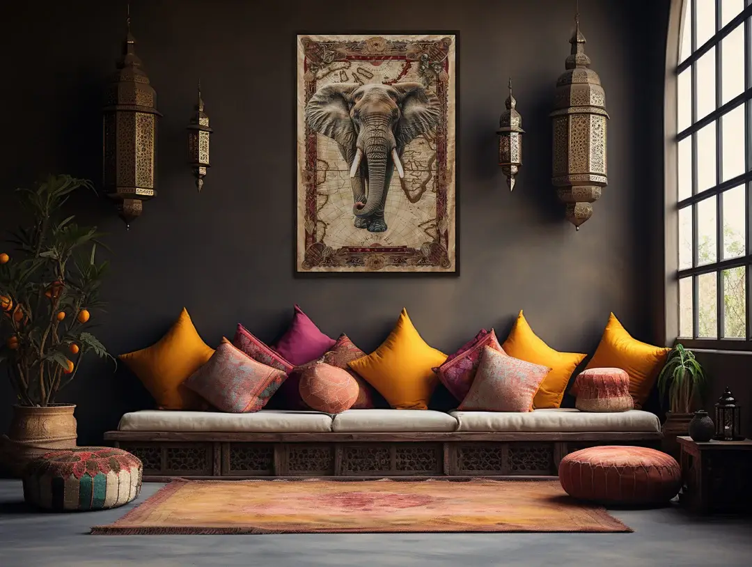 Chic living room with a dark accent wall, decorative lighting, and colorful throw pillows on a sofa.