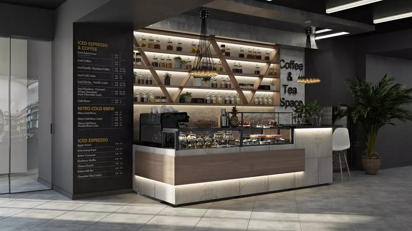 Modern coffee shop interior with illuminated shelving, espresso machine, and sleek counter design.