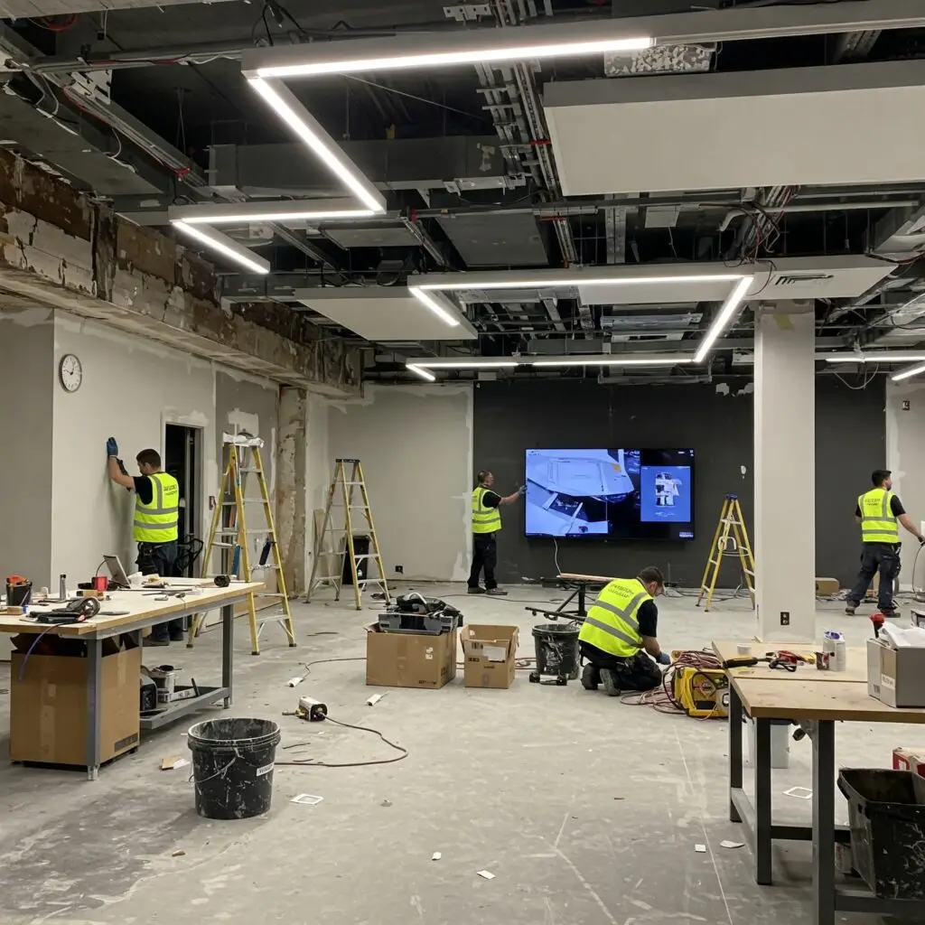 Commercial office interior under construction with workers and tools on-site.