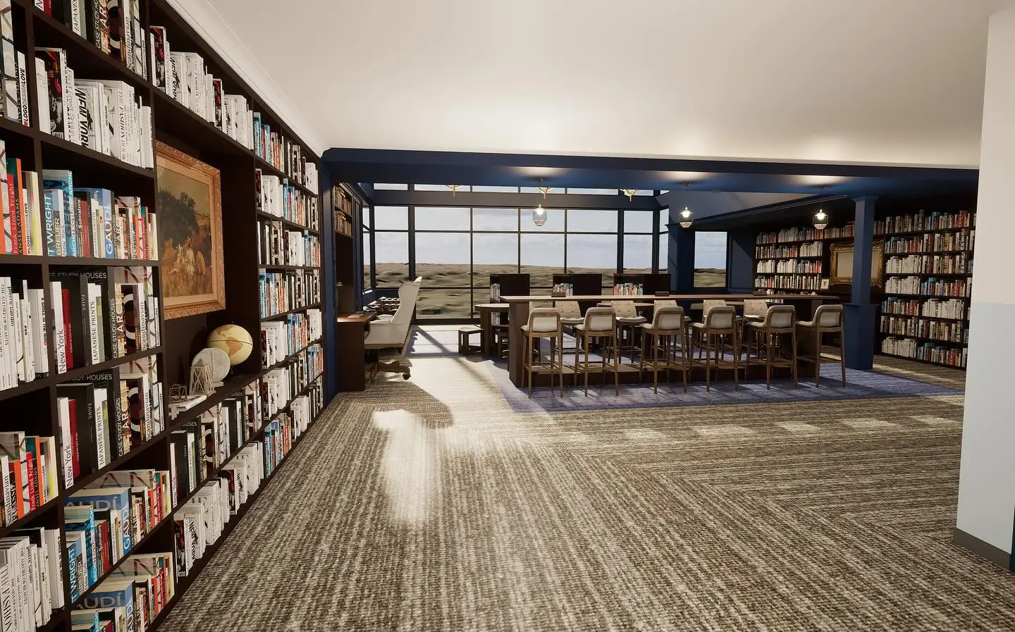 Elegant living room with built-in bookshelves and patterned carpeting.