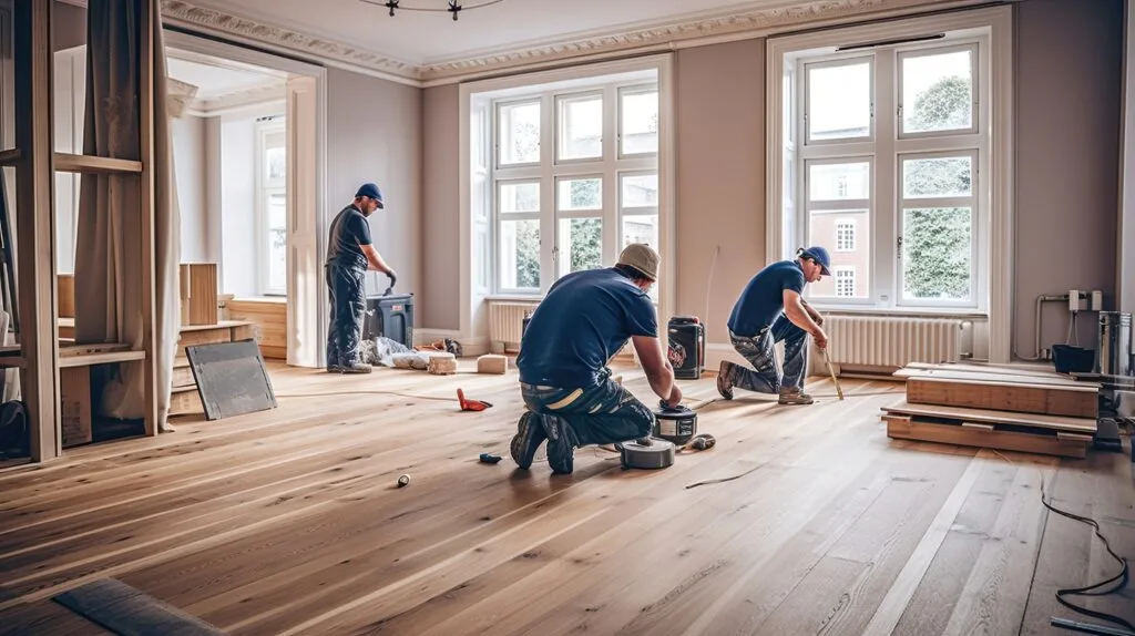 Crew laying down wooden flooring in a bright room with large windows.