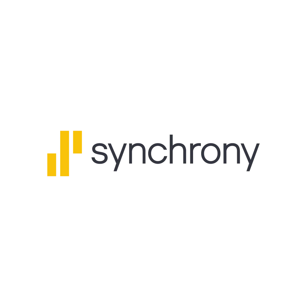 Synchrony logo displayed with yellow bars and text on a clean white backdrop.
