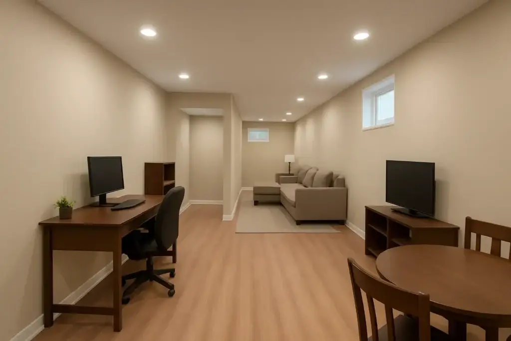 Long, narrow basement layout with light beige walls, wood flooring, and recessed lighting, featuring a home office desk with computer, a central sitting area with a sectional sofa and lamp, and a small dining table with chairs.
