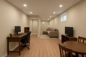 Long, narrow basement layout with light beige walls, wood flooring, and recessed lighting, featuring a home office desk with computer, a central sitting area with a sectional sofa and lamp, and a small dining table with chairs.