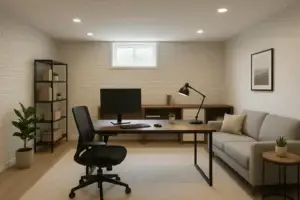 Modern basement home office with white brick walls, a wooden desk with computer and lamp, ergonomic black office chair, grey sofa with cushions, potted plants, black metal shelving, and a small window letting in natural light.