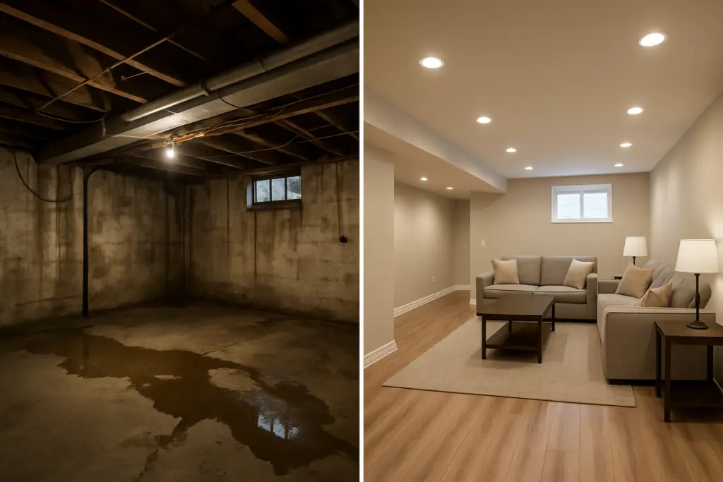 Side-by-side comparison of a basement before and after remodeling; the left side shows a dark, unfinished basement with exposed concrete walls, ceiling beams, and water stains on the floor, while the right side shows a finished basement with recessed lighting, light-colored walls, wood flooring, and a furnished seating area with couches, tables, and lamps.