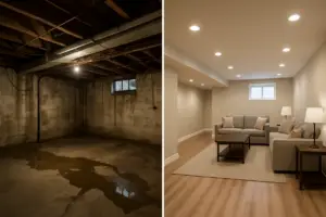 Side-by-side comparison of a basement before and after remodeling; the left side shows a dark, unfinished basement with exposed concrete walls, ceiling beams, and water stains on the floor, while the right side shows a finished basement with recessed lighting, light-colored walls, wood flooring, and a furnished seating area with couches, tables, and lamps.