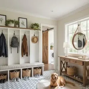 A bright mudroom with built-in storage, bench, coat hooks, baskets, patterned floor, wooden console, round mirror, and a golden retriever.