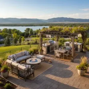 A modern patio with a fire pit, comfortable outdoor seating, and planters, reflecting popular design trends.