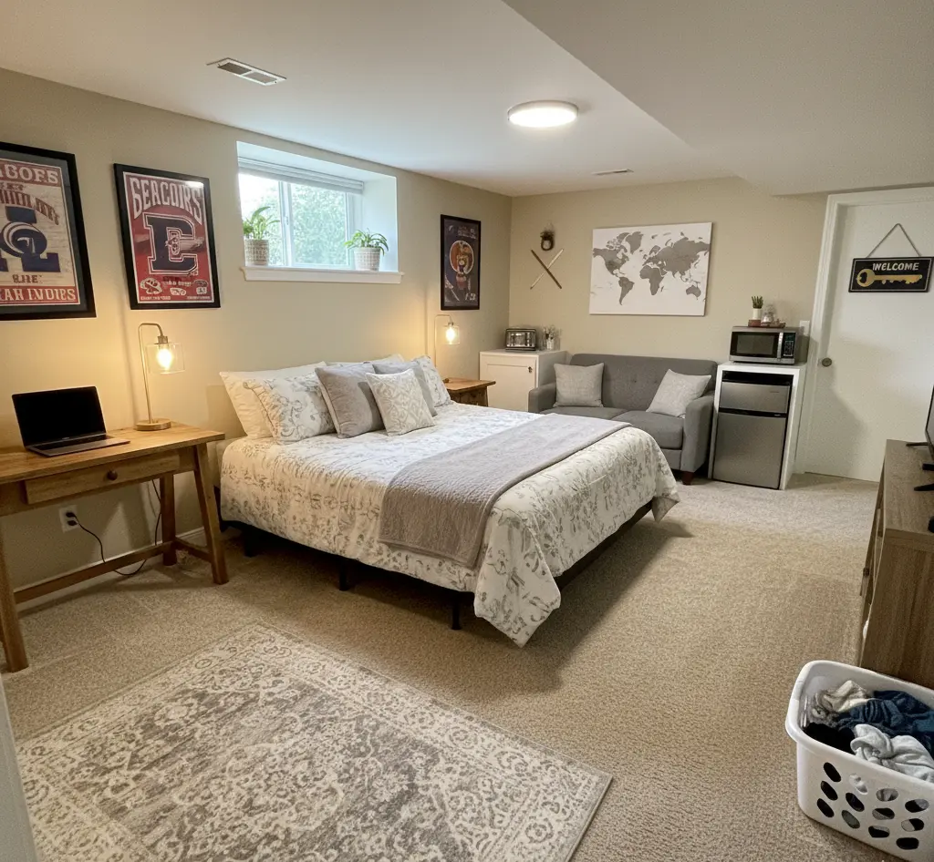 Comfortable basement apartment setup, ideal for a college student or long-term visitor, featuring a sleeping area, desk, and kitchenette appliances.