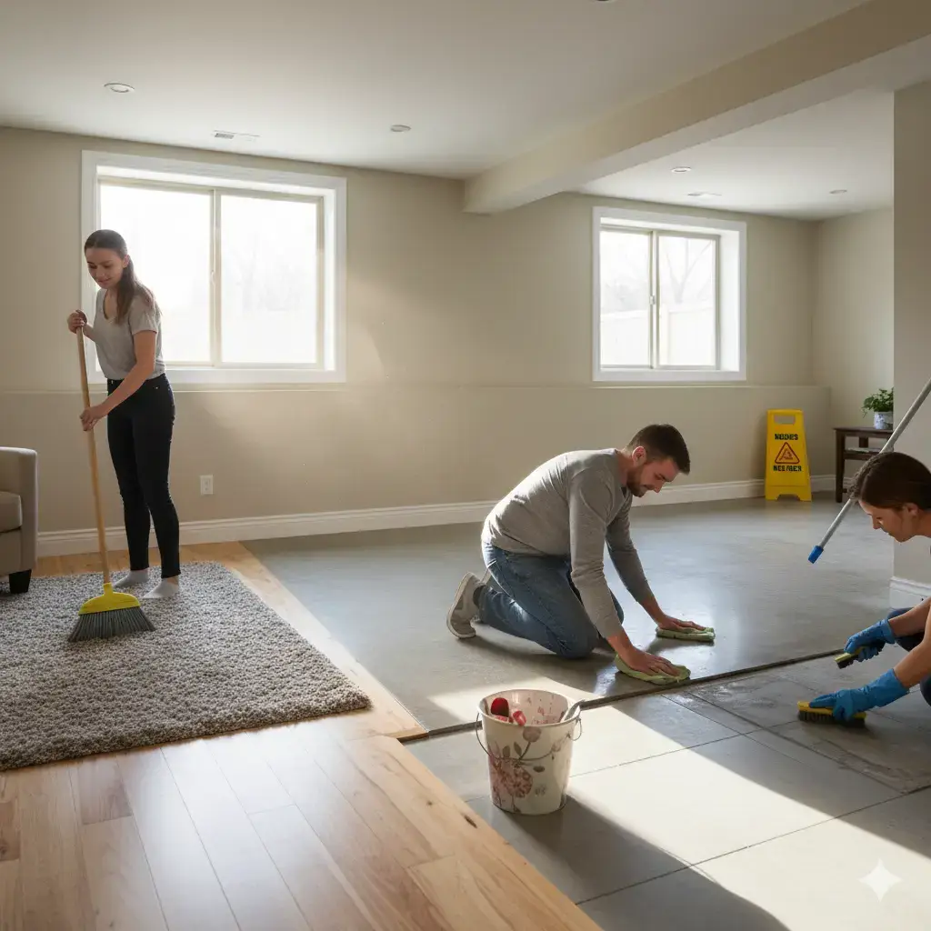 People taking care of different floor types laminate, concrete, and carpet in a clean, well-lit basement.