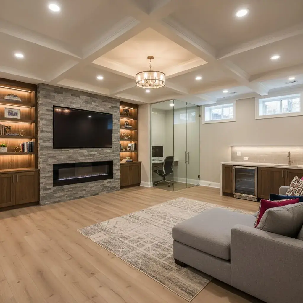 A sophisticated, modern basement space finished with high-end upgrades. The room features dark wood exposed ceiling beams, recessed lighting, and a durable, polished concrete floor.