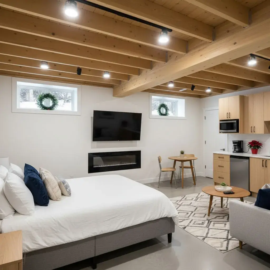 A well-lit, modern basement guest suite with exposed wooden ceiling beams and track lighting. The suite features a queen-sized bed with white linens and blue accent pillows, a wall-mounted flat-screen TV above a modern electric fireplace, and a small kitchenette with light wood cabinetry, a microwave, mini-fridge, and coffee maker.