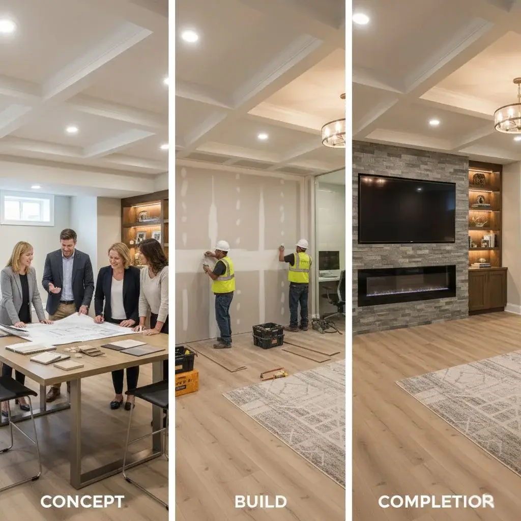 Three-panel image showing basement finishing: Concept (people reviewing blueprints), Build (workers installing drywall/flooring), and Completion (modern room with stone fireplace, TV, and wood shelves)