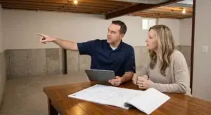 A NOCO Accents basement expert in a navy blue polo shirt points out renovation features to a female client in an unfinished basement, standing over a table with blueprints and a digital tablet during a design consultation.