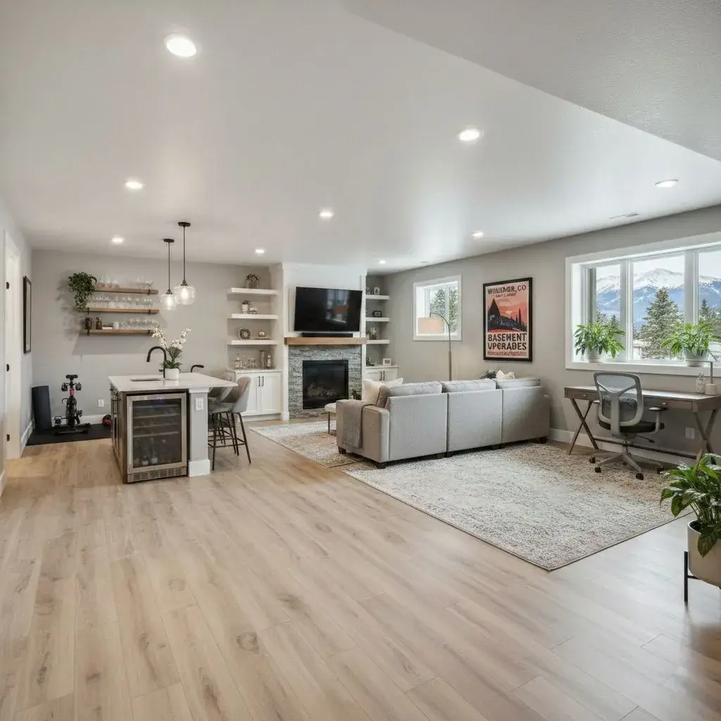 Modern finished basement featuring a stone fireplace, wet bar, and home office with a view of the Colorado mountains.