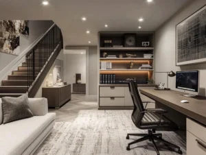 Modern basement renovation with custom built-in shelving, home office workspace, recessed lighting, and staircase design.