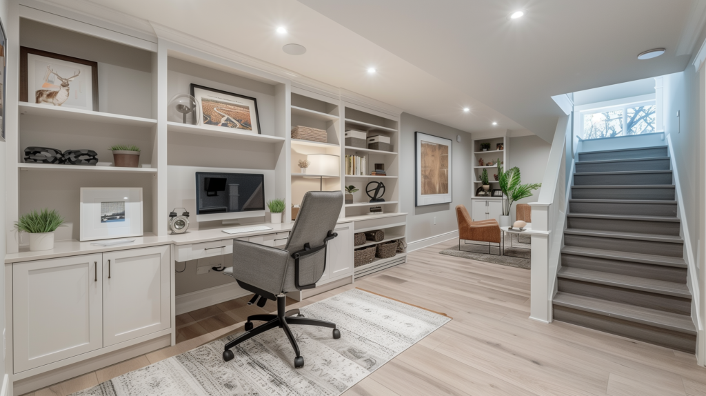 Bright Home Office: A clean, white home office setup with a built-in desk, shelving, a gray ergonomic chair, and light wood flooring.