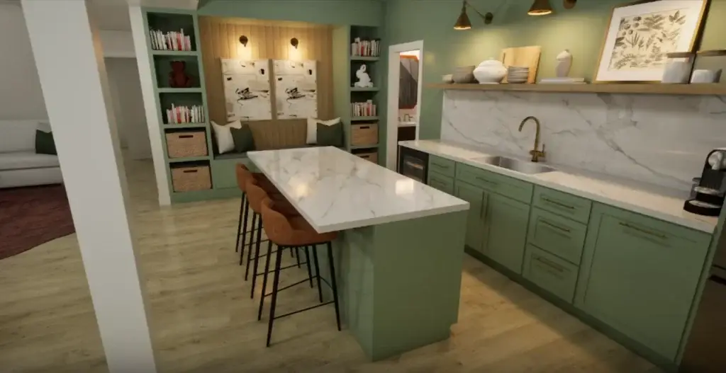 Green modern kitchen with marble island, brass faucet, bar stools, open shelving, and cozy built-in bench seating for dining.