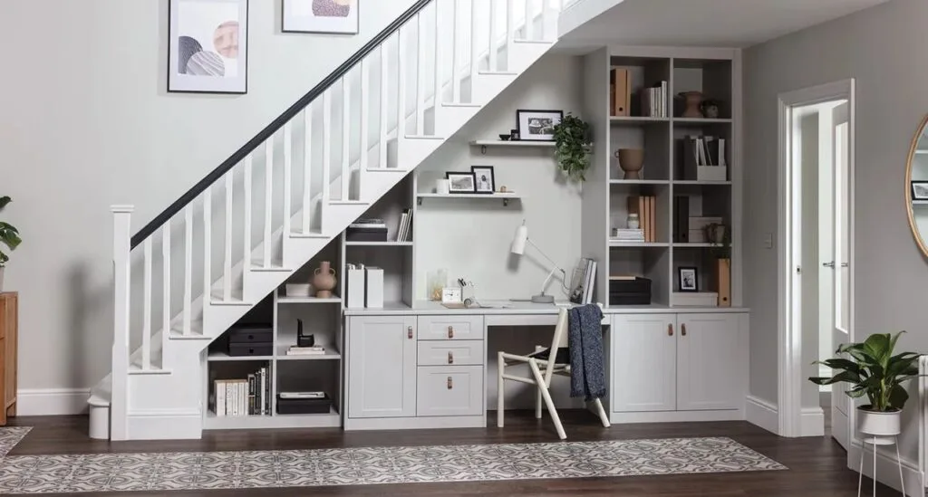 Under-Stair Workspace: A clever use of space featuring a built-in white desk and shelving unit tucked neatly under a staircase.