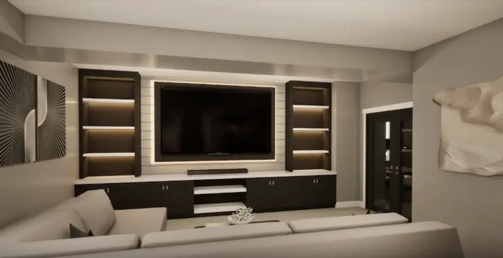 Modern home theater with built-in TV wall and ambient lighting.