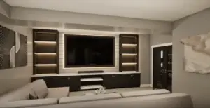 Modern home theater with built-in TV wall and ambient lighting.
