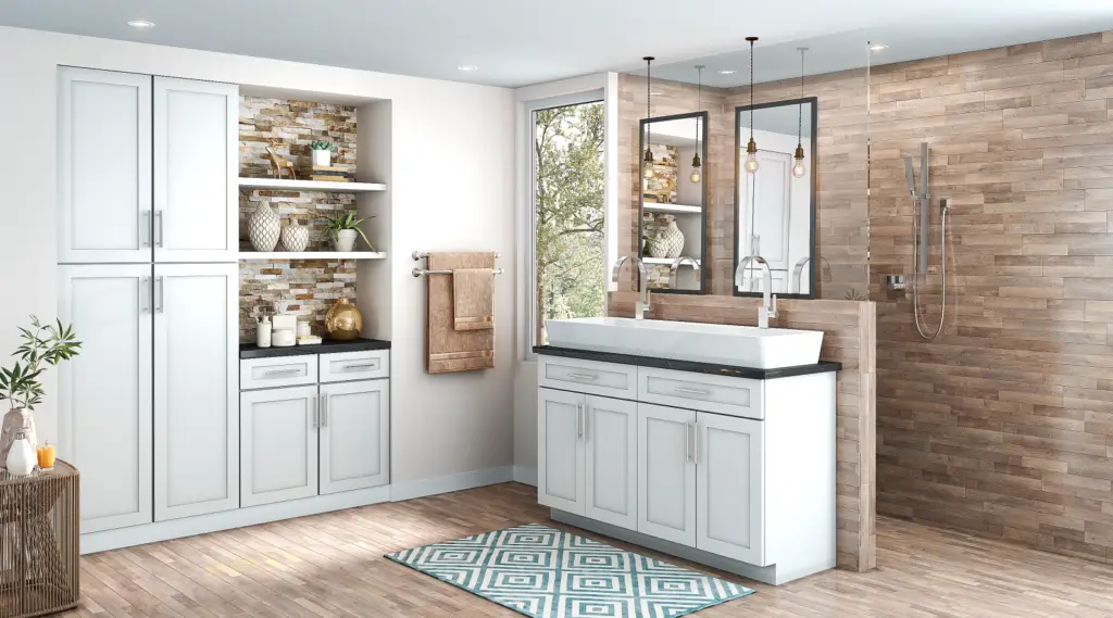 Bright bathroom vanity with large mirror and natural light