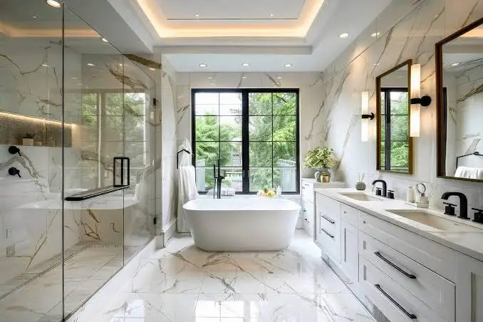 Spacious luxury bathroom with freestanding tub and tray ceiling