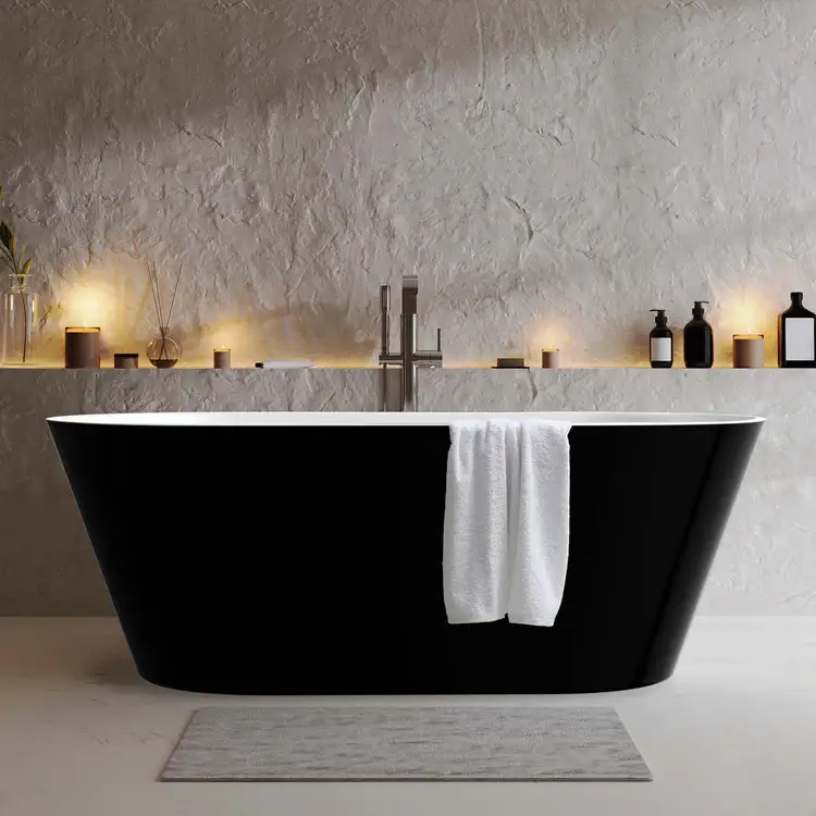 Black freestanding bathtub in a luxury spa-style bathroom