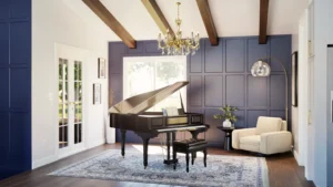 Piano room with a blue-gray paneled accent wall, exposed ceiling beams, and a chandelier