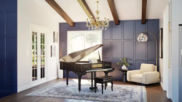 Piano room with a blue-gray paneled accent wall, exposed ceiling beams, and a chandelier