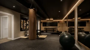 Basement home gym with dark ceilings, warm accent lighting, exercise equipment, and open workout space