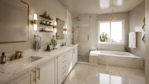 Light-filled bathroom with white vanity cabinetry, a freestanding bathtub, and soft neutral finishes