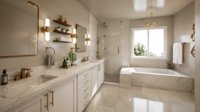 Light-filled bathroom with white vanity cabinetry, a freestanding bathtub, and soft neutral finishes