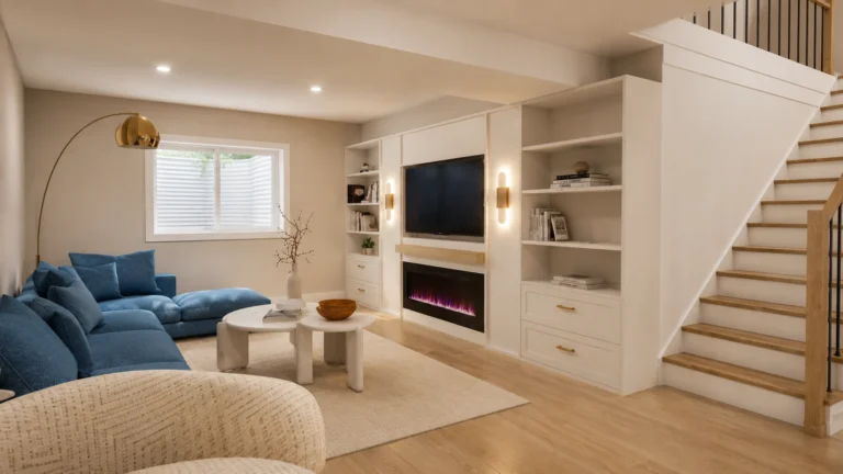Bright basement living room with white built-in shelving, a fireplace, and comfortable seating