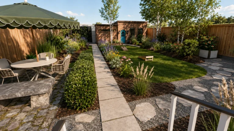 Landscaped backyard with a stone path, structured planting beds, and an outdoor gathering area