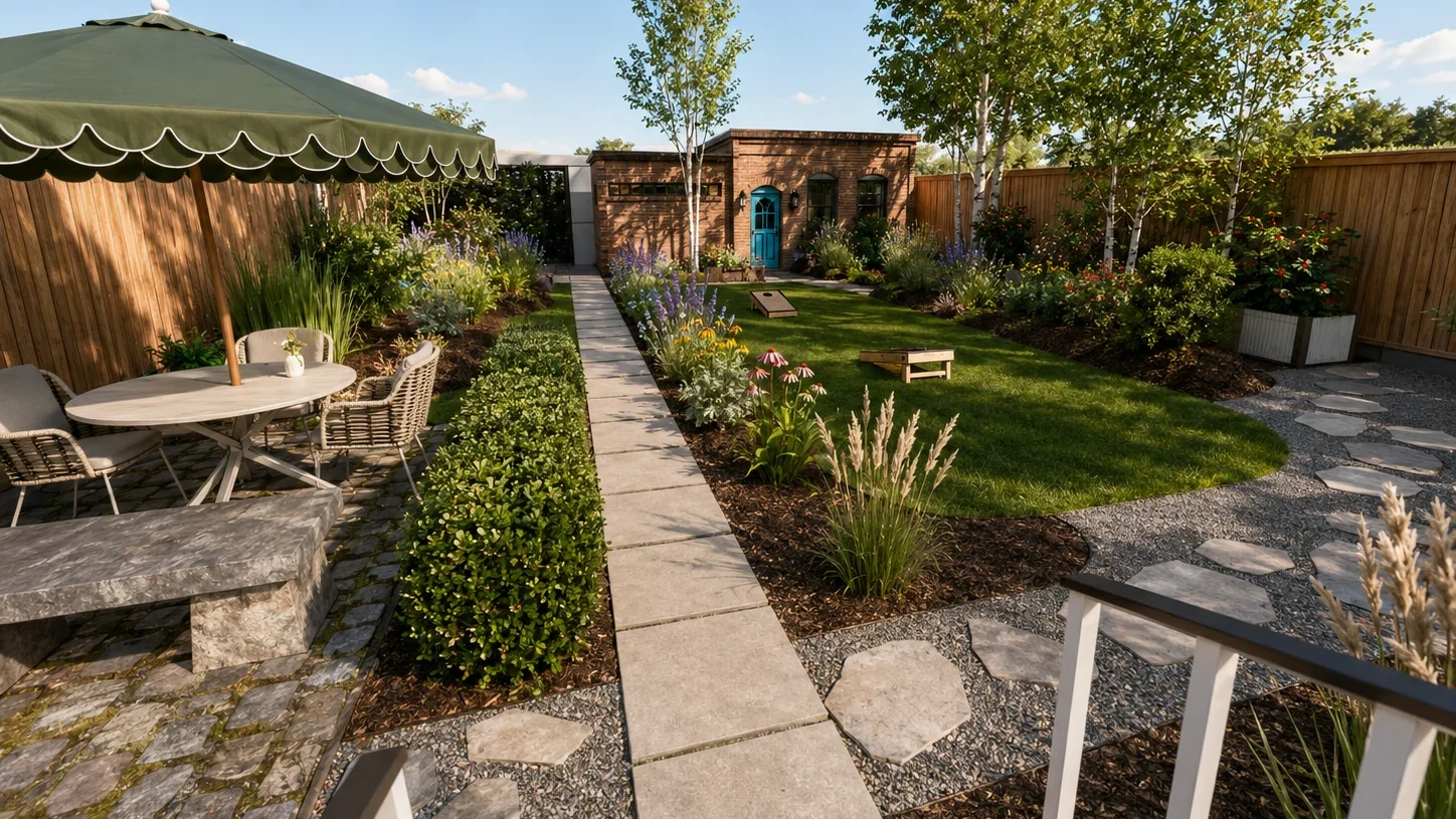 Landscaped backyard with a stone path, structured planting beds, and an outdoor gathering area