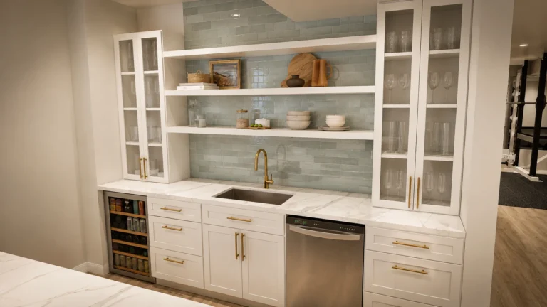 Basement wet bar with white cabinetry, open display shelves, a sink, and an under-counter beverage refrigerator