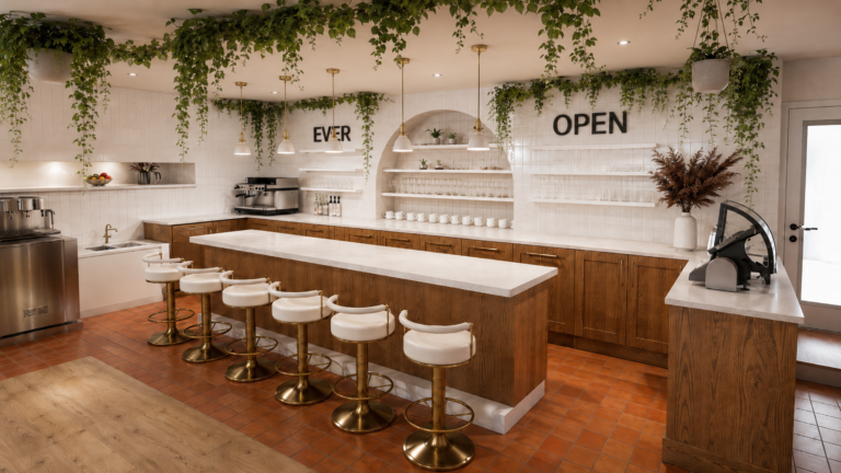 Welcoming cafe-style commercial interior with counter seating, warm wood, and greenery